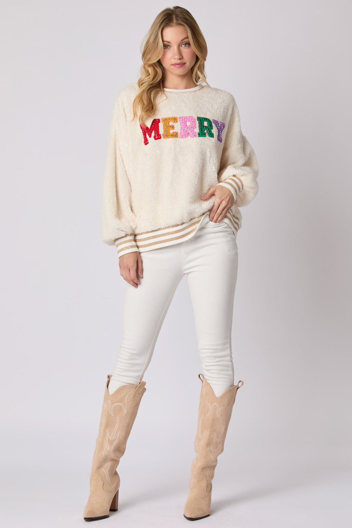 Statement holiday sweater for women with colorful “MERRY” sequin letters, crew neck, and ribbed striped hem a plush winter sweatshirt made for cozy December days, festive fuzzy sweater women, cute holiday sweatshirt women, merry christmas sequin sweatshirt women