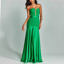 Load image into Gallery viewer, emerald green strapless satin evening gown with corset bodice and mermaid skirt for cocktail party or wedding guest