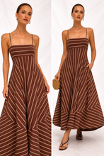 Load image into Gallery viewer, empire waist striped maxi dress, summer flare maxi striped dress, fit and flare maxi dress, flowy maxi dress, long maxi dress, summer sundress, long dresses for women, maxi dresses for women, Best summer dresses for women US, long summer dresses, boho maxi dress, island dress, boho  beach dress, fitted bodice flowing skirt, maxi dress.
