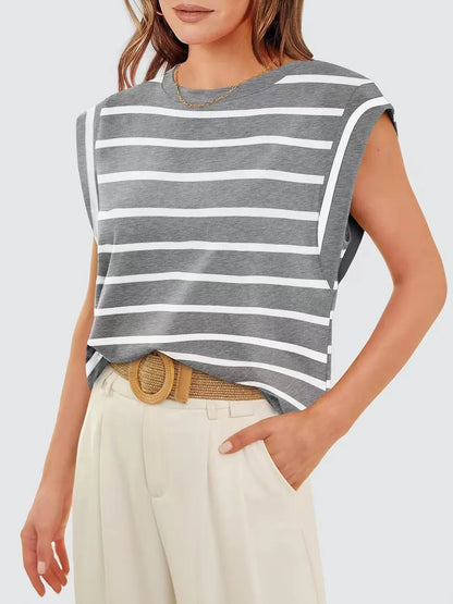 relaxed fit striped tee women, European summer tops for women, vacation tops for women, European summer outfit, Relaxed fit striped tank top for women in lightweight breathable fabric with a polished straight silhouette, lightweight travel tops women, Parisian casual outfit women, travel friendly women’s tops.