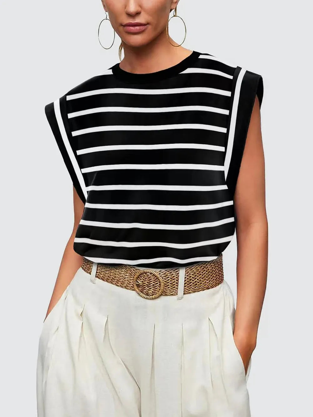 relaxed fit striped tee women, European summer tops for women, vacation tops for women, European summer outfit, Relaxed fit striped tank top for women in lightweight breathable fabric with a polished straight silhouette, lightweight travel tops women, Parisian casual outfit women, travel friendly women’s tops.