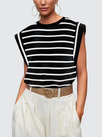 relaxed fit striped tee women, European summer tops for women, vacation tops for women, European summer outfit, Relaxed fit striped tank top for women in lightweight breathable fabric with a polished straight silhouette, lightweight travel tops women, Parisian casual outfit women, travel friendly women’s tops.