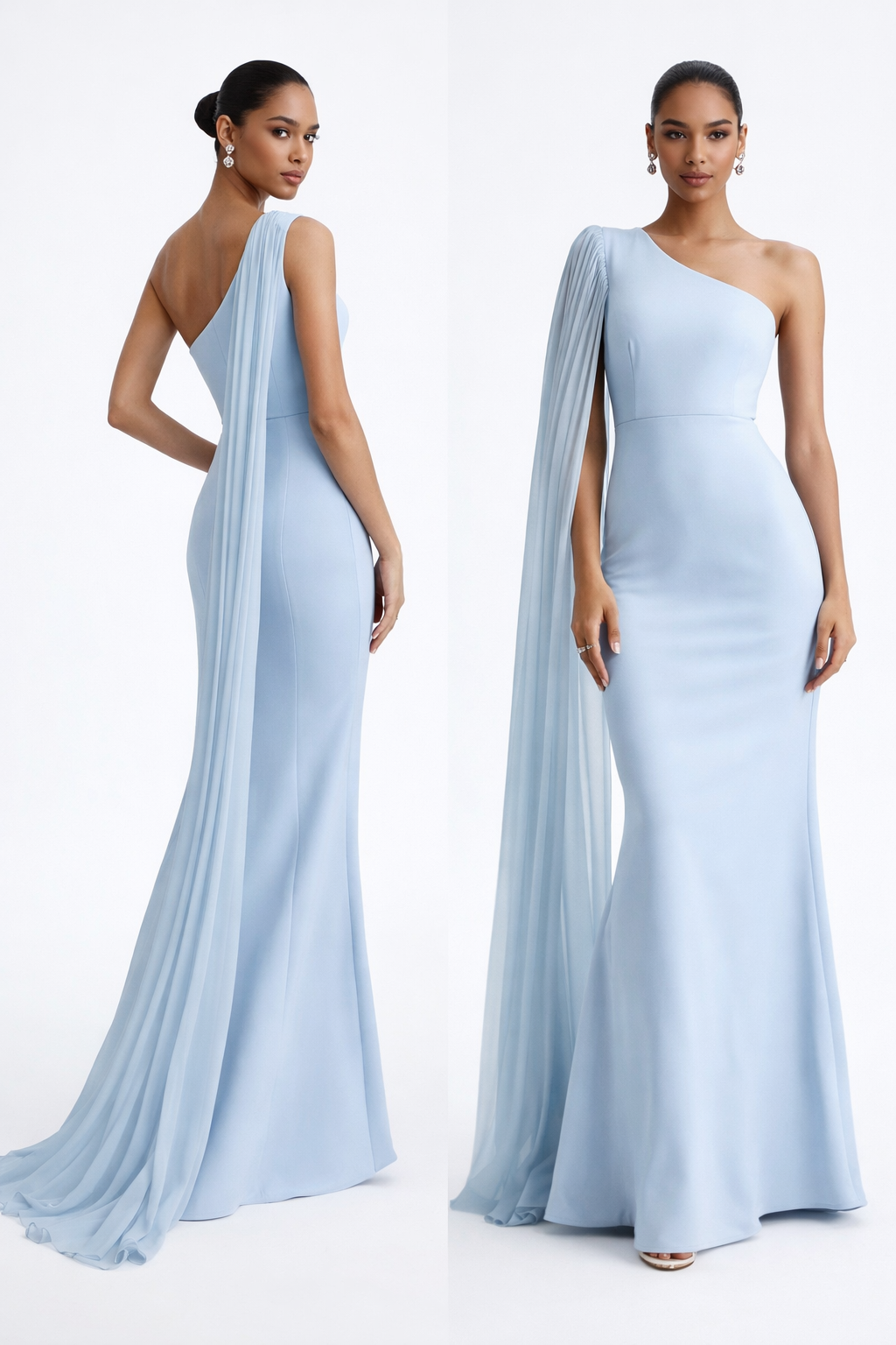 One shoulder evening gown featuring pleated cape sleeve and bodycon silhouette, pleated chiffon cape one shoulder gown, designed for wedding guest dresses and evening party dresses with maxi length formal styling and refined structure, wedding guest evening gown, gala one shoulder dress.
