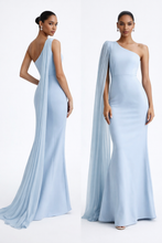 Load image into Gallery viewer, One shoulder evening gown featuring pleated cape sleeve and bodycon silhouette, pleated chiffon cape one shoulder gown, designed for wedding guest dresses and evening party dresses with maxi length formal styling and refined structure, wedding guest evening gown, gala one shoulder dress.