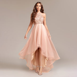 Tulle sequin cocktail dress, fitted halter bodice, perfect for formal parties and events, sequin halterneck dress, sequin party dress, tulle dress for party, mesh sequin dress, wedding guest dress sequin, sequin cocktail dress, high low hem dress, evening sequin dress.