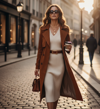 Load image into Gallery viewer, belted trench coat women, long trench coat women fall layering overcoat, womens overcoat, winter trench coat women, minimalist trench coat women	brown suede coat women, minimalist trench coat women, old money fall outfits women, luxury trench coat.