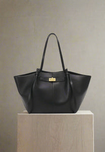 fall business capsule outfit bag, minimalist laptop-friendly tote, gold hardware day-to-night bag, business casual structured bag for women.