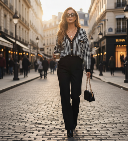 pearl button cardigan sweater for fall, oversized v-neck cardigan with pockets, knit cardigan for brunch outfit women, vintage aesthetic houndstooth cardigan women, houndstooth cardigan women, v-neck button cardigan women.