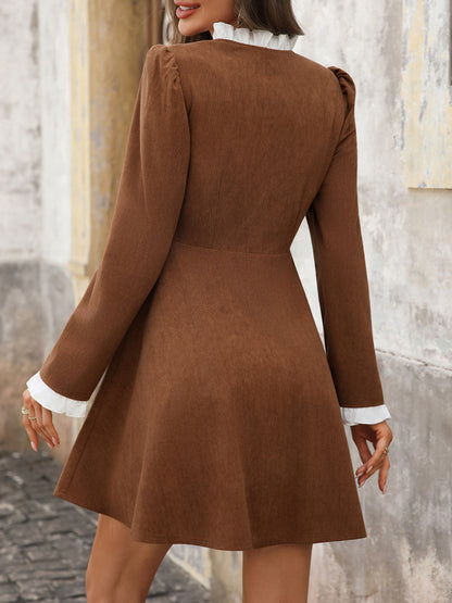 Rich texture corduroy stand-collar mini dress understated luxury dress for women, old money aesthetic and fall mini dress trend in business casual style.