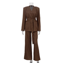 Load image into Gallery viewer, Cocoa Pinstripe Fancy Pantsuit | Women’s Tailored Pantsuit, Belted Blazer &amp; Wide-Leg Trousers| Blazer and Pants set