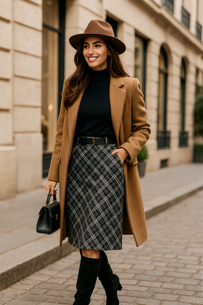 Midi skirt with belt in coffee brown plaid, plaid A-line skirt women, office wear skirt women for fall layering, classy fall outfit skirt looks, midi plaid skirt with boots and tights, a-line skirt midi length
