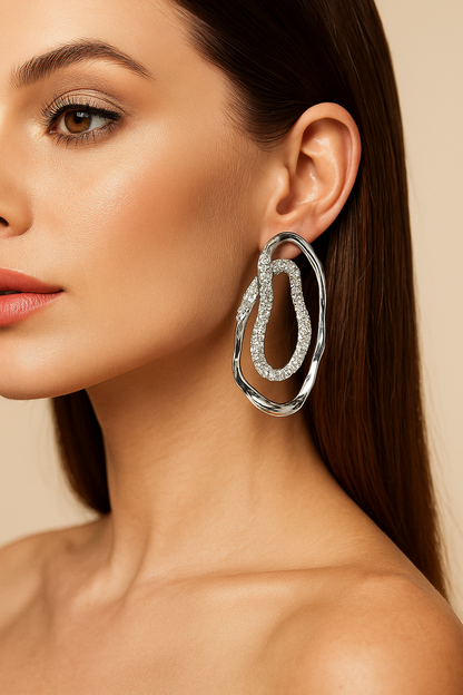 silver hoops, statement earrings, modern jewelery,  silver crystal earrings, Silver pavé crystal double-oval statement earrings with modern sculptural design, gold-tone option available, hypoallergenic and nickel-free, USA women’s jewelry.