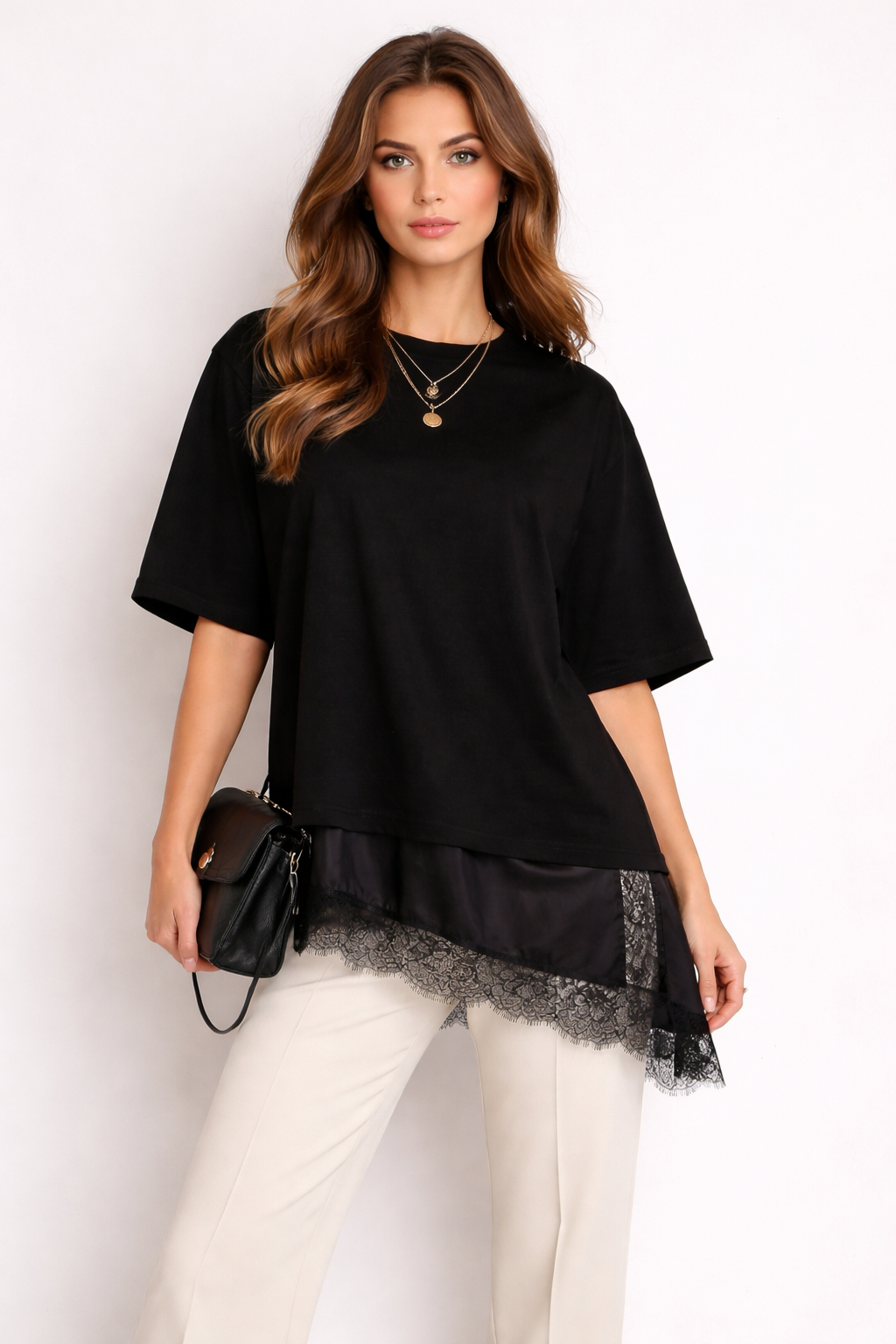 faux layered top women, lace hem top, t shirt with satin lace hem women, Oversized casual top women, soft cotton fabric with satin lace trim hem extension, loose drop shoulder silhouette, faux layered lace hem top outfit women, perfect for minimalist casual styling, minimalist layered outfit top women.