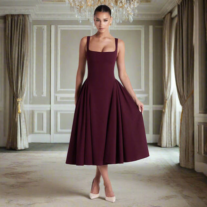 corset midi dress, fit and flare dress, burgundy corset dress, corset top dress, pleated skirt dress, prom dress, prom and dance dress,  midi swing dress, best midi corset dress for wedding guests, waist cinching dresses, classy midi dress for formal dinners or receptions, flattering midi dress with fitted top and flared skirt.