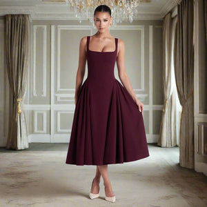corset midi dress, fit and flare dress, burgundy corset dress, corset top dress, pleated skirt dress, prom dress, prom and dance dress,  midi swing dress, best midi corset dress for wedding guests, waist cinching dresses, classy midi dress for formal dinners or receptions, flattering midi dress with fitted top and flared skirt.