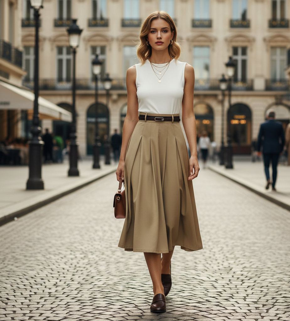 quiet luxury dress, Elegant pleated skirt midi dress with belted waist detail  polished workwear midi outfit and cocktail midi dress women wear from office to evening, elevated basics dress, flattering midi dress, formal midi dress women.