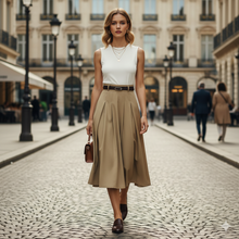 Load image into Gallery viewer, quiet luxury dress, Elegant pleated skirt midi dress with belted waist detail  polished workwear midi outfit and cocktail midi dress women wear from office to evening, elevated basics dress, flattering midi dress, formal midi dress women.