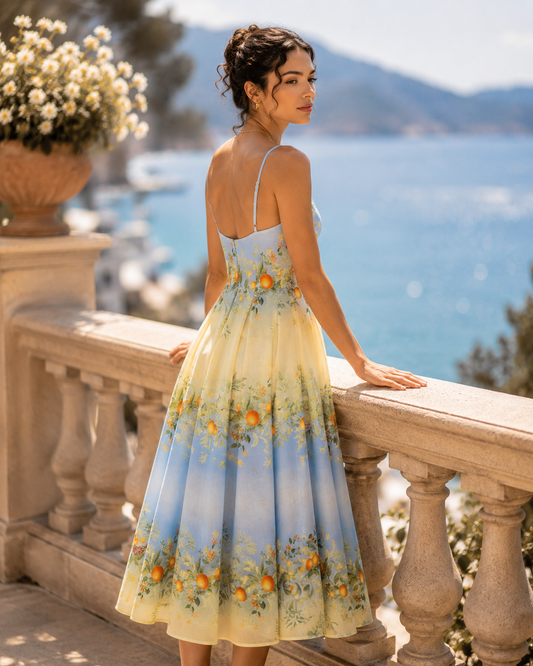Blue and yellow floral corset midi dress with a corset bodice and sweetheart neckline, suited to a garden wedding dress look with botanical print 2026 appeal and feminine summer elegance for polished events.