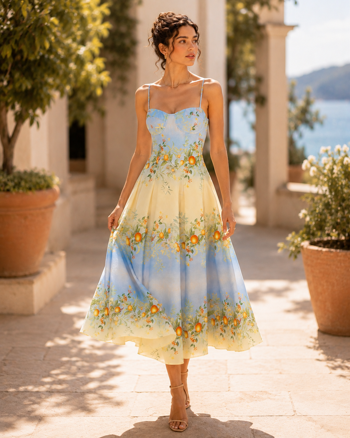 Botanical corset midi dress with a sweetheart neckline, blue-to-ivory ombré floral print, structured bodice, and flowing fit-and-flare midi skirt. Designed for garden weddings, resort vacations, brunches, and summer celebrations, with strong intent around botanical ombré corset midi dress and citrus print sweetheart midi dress.