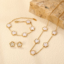 Load image into Gallery viewer, clover necklace bracelet earrings set, floral jewelry set, everyday jewelry set, old money jewelry aesthetic, Minimalist jewelry set for women, polished gold-tone charm texture with dainty gold jewelry set styling, symmetrical clover layout, minimalist clover necklace bracelet earrings set, business casual accessories.
