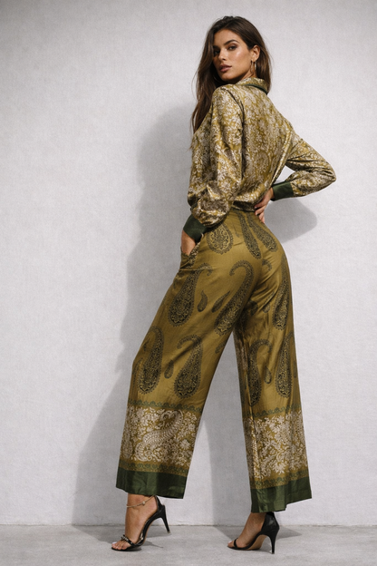 high waist pants coord, long sleeve coord sets, printed coord sets, button down shirt set, Paisley print set two piece set with silk satin set shirt and high waisted wide leg pants women silhouette, paisley button down trouser set styled for office wear coord set, vacation outfit sets and matching set outfits, summer coord sets.