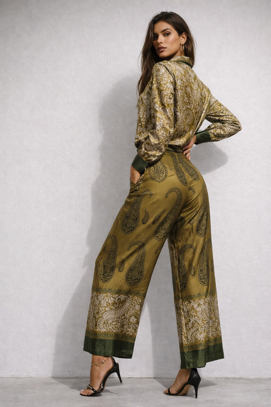 high waist pants coord, long sleeve coord sets, printed coord sets, button down shirt set, Paisley print set two piece set with silk satin set shirt and high waisted wide leg pants women silhouette, paisley button down trouser set styled for office wear coord set, vacation outfit sets and matching set outfits, summer coord sets.