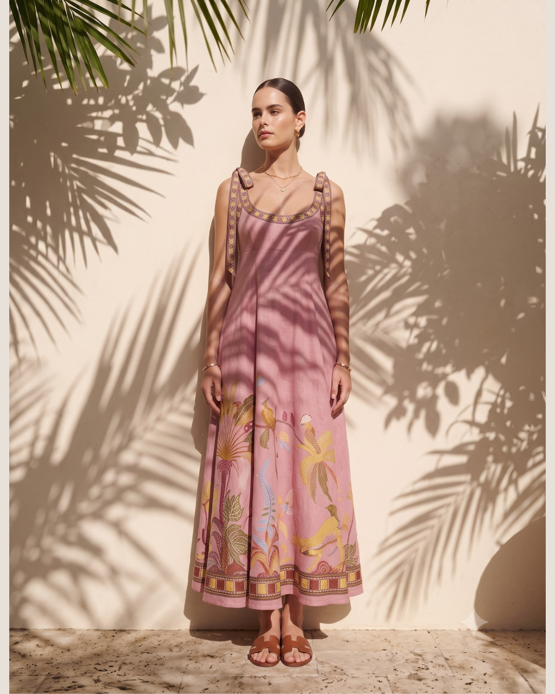 floral print Dusty rose maxi dress with a flowing A-line maxi dress fit, empire waist seam and botanical placement print, designed as a tropical resort maxi dress for elegant warm-weather occasions.