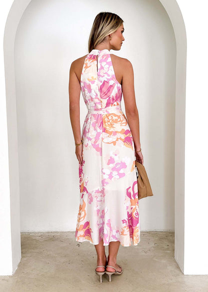 pink floral dress,  halterneck midi dress, floral print dress, flowy floral dress, floral halter dress, summer floral dress, ruffle midi dress, ruffle hem dress, floral sundress, pink halter dress, spring summer dress,  ruffle prom dress, halter summer dress.