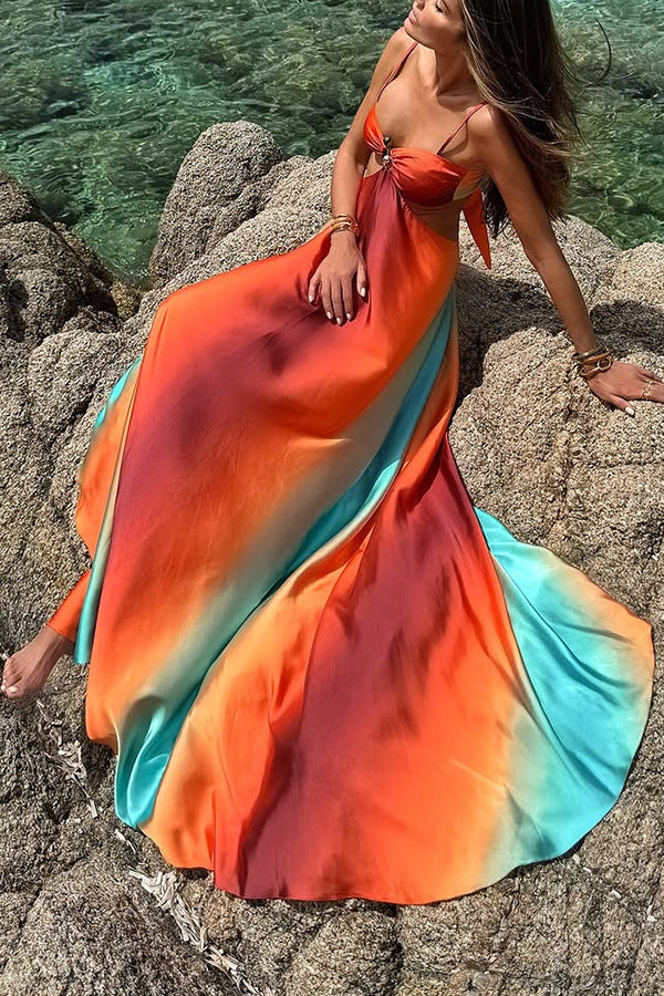 backless sun dresses Golden Hour Goddess Flowy Maxi Sundress | Cutout Maxi Dress | Flowy Maxi length design Cascading ruffle Elegant Backless Bowknot White Size:5X (30-32) Opaque
