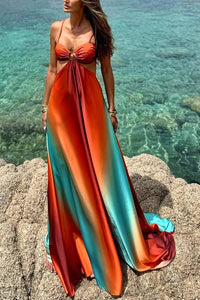 Sexy Sling Gradient Color Island Dress Beach Dress, flowy maxi sundress, cutout maxi dress, long summer maxi dresses for women, best summer dresses for women usa.