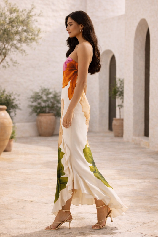 evening floral maxi, ruffle slit maxi dress, floral satin maxi with asymmetrical maxi dress silhouette and ruffle slit maxi dress flow, perfect wedding guest floral maxi and beach wedding guest dress for resort evening maxi looks, boho floral maxi, convertible strap dress, vacation floral maxi dress outfit.
