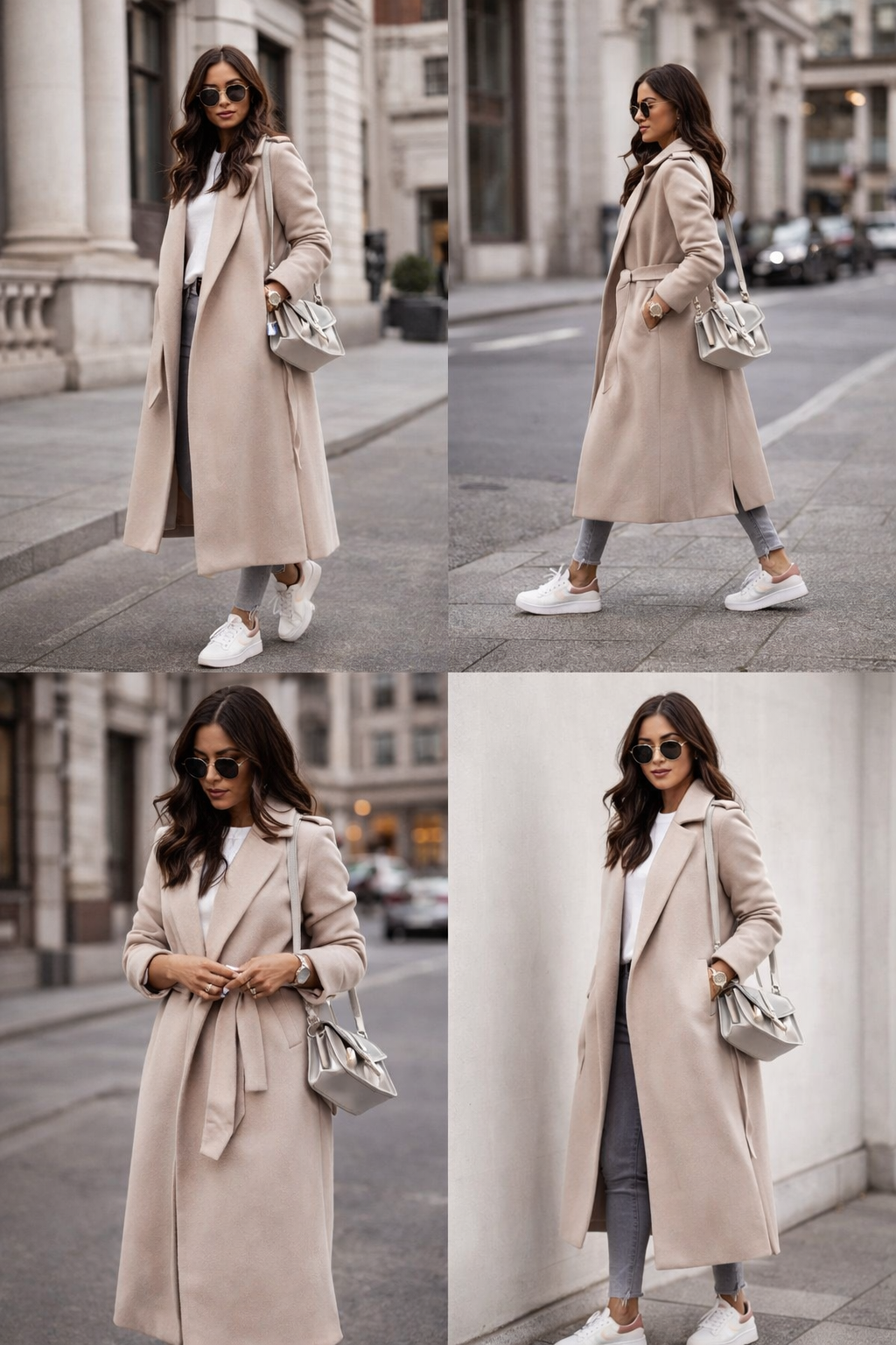 Women’s khaki wool blend wrap coat featuring a soft structured silhouette, tie-front closure, and mid-calf length, suitable for professional and minimalist wardrobes.