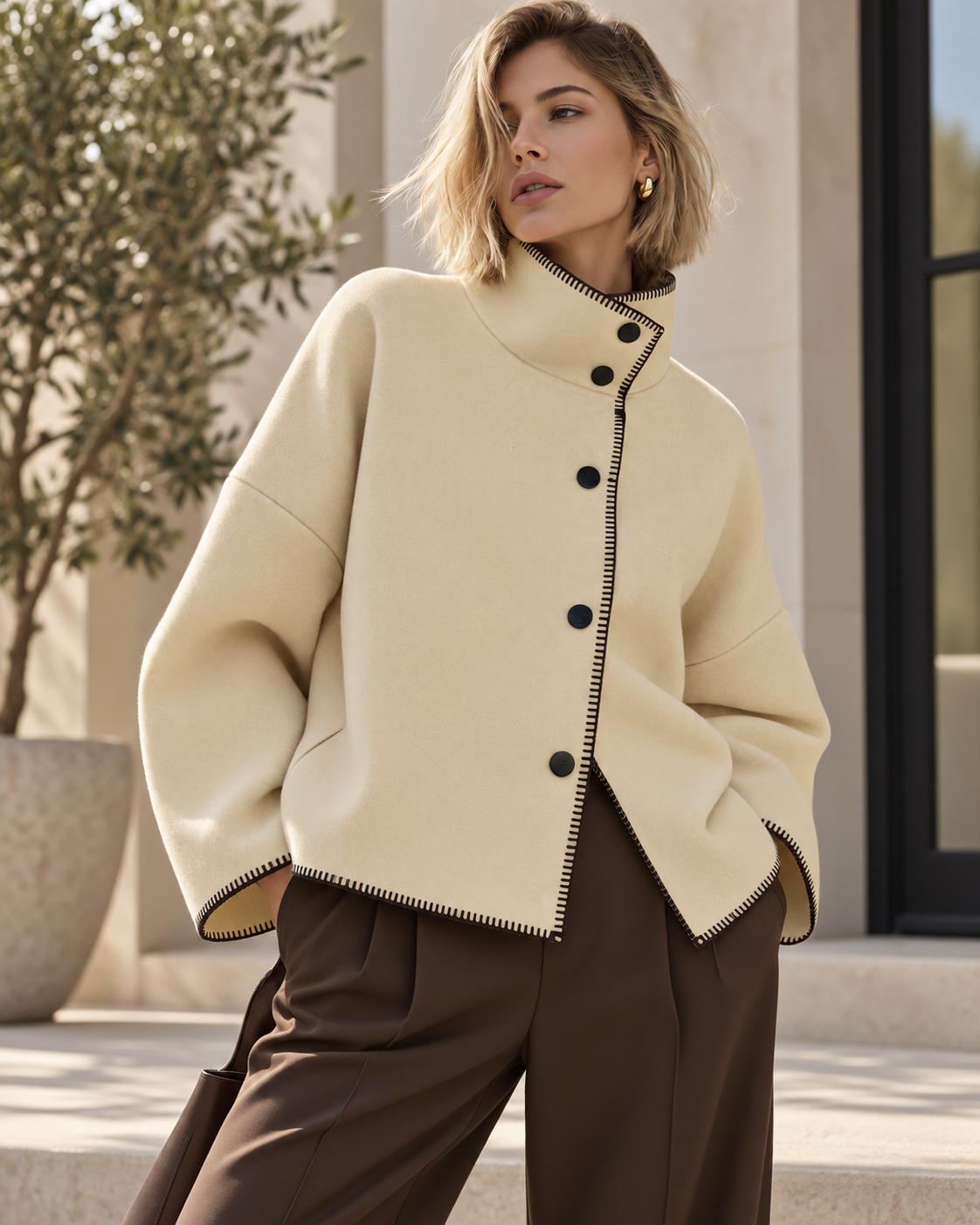 funnel neck jacket women, contrast stitch jacket, relaxed boxy jacket with a sculptural high collar, black button front and blanket-style edging, positioned for Parisian style jacket women fall, classy fall outfits women and elevated everyday dressing.