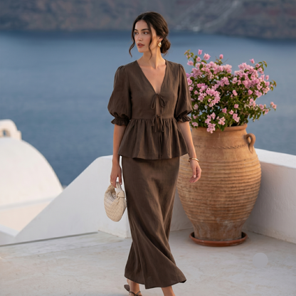 cotton peplum co-ord set women, two piece maxi dress, maxi skirt co-ord set women,  Cotton maxi skirt set with puff sleeves featuring a gathered peplum waist, elasticated cuffs and feminine proportions, perfect as a beach wedding guest outfit women choice with old money co-ord set women styling, garden party co-ord set women.