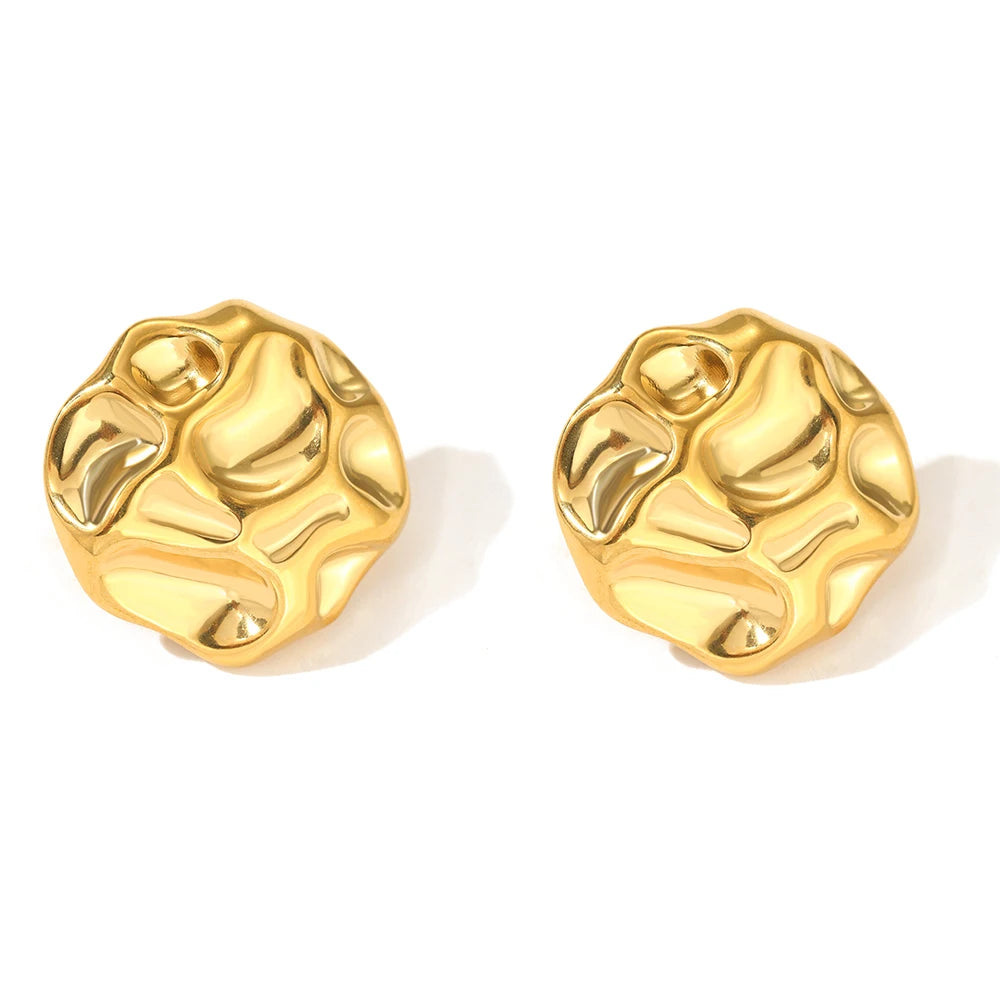 textured gold chunky stud earrings, Abstract gold statement stud earrings featuring a crumpled textured metal look, modern minimalist jewelry perfect for workwear styling, evening outfits, and luxury fashion edits.