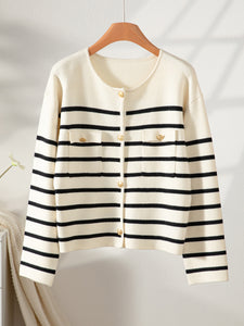 gold button cardigan, striped cardigan women, Striped cardigan women in chic neutral palette, gold button striped cardigan with pockets, wrinkle free knit, affordable luxury old money sweater for classy fall outfits.