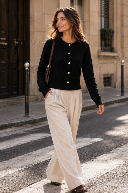 Black knit cardigan for women with a round neck, long sleeves, gold-tone buttons, patch pockets and ribbed trims, styled with denim and ballet flats as a brunch outfit with quiet luxury appeal.