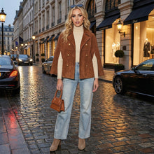 Load image into Gallery viewer, gold button jacket women, double breasted cape jacket women, vintage inspired outerwear women, cape jacket women, faux suede cape coat women, brown suede jacket women, tailored cape jacket women, minimalist cape jacket women.