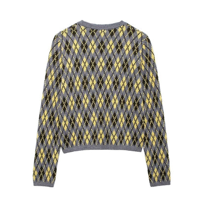 Aida Grey Argyle Cardigan | Cropped Button-Up Knit Cardigan|  Gold Button Layering Cardigan