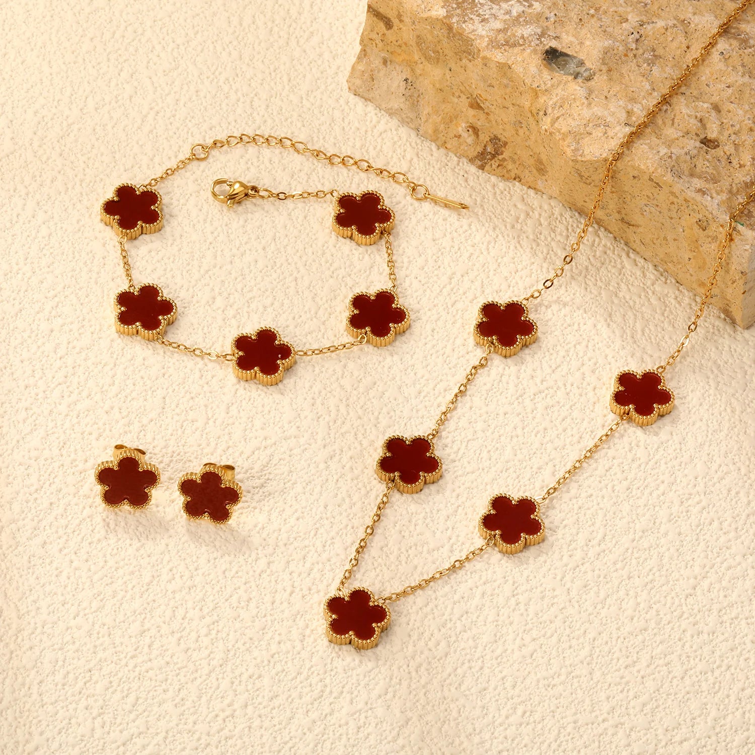 clover necklace bracelet earrings set, Clover jewelry set necklace bracelet earrings, glossy enamel clover charms with gold necklace bracelet set styling, delicate chain arrangement, gold clover jewelry set women, wedding guest jewelry accessory, old money aesthetic jewelry set.