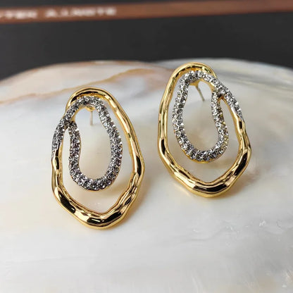 gold hoops, party earrings, Gold pavé crystal drop earrings with sculptural oval silhouette, statement earrings for women, lightweight hypoallergenic jewelry, USA fashion jewelry.