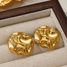 Load image into Gallery viewer, workwear statement earrings, minimalist statement earrings, modern gold stud earrings, Chunky gold stud earrings featuring an organic crumpled texture, high-shine sculptural design, modern statement earrings for women seeking bold office-to-evening fashion jewelry.
