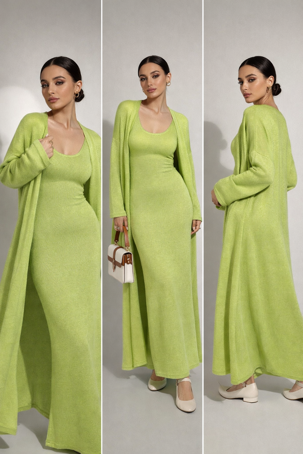 knit maxi co-ord set, two piece maxi dress, longline cardigan outfit set, outfit set women, business casual knit dress, knit maxi dress and cardigan set, quiet luxury knit maxi, Knit dress set with long cardigan layering in premium knit fabric, sleeveless maxi dress structure and classy casual maxi styling, comfy knit maxi dress set for work-appropriate knit maxi set.
