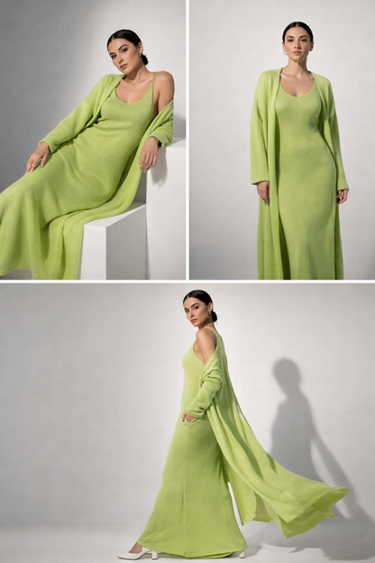 green blue knit maxi dress and cardigan set, beige knit outfit set, green longline cardigan maxi dress, sleeveless knit maxi co-ord, business casual knit set, quiet luxury knit maxi, old money fall outfit set, comfy knit maxi dress set, v-neck knit maxi cardigan, flowy cardigan knit dress.