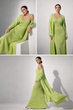 Load image into Gallery viewer, green blue knit maxi dress and cardigan set, beige knit outfit set, green longline cardigan maxi dress, sleeveless knit maxi co-ord, business casual knit set, quiet luxury knit maxi, old money fall outfit set, comfy knit maxi dress set, v-neck knit maxi cardigan, flowy cardigan knit dress.