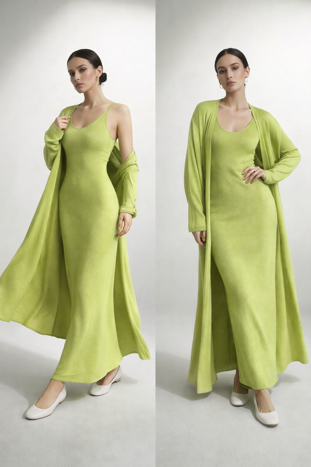 green knit maxi co-ord set, two piece maxi dress, longline cardigan outfit set, outfit set women, business casual knit dress, knit maxi dress and cardigan set, quiet luxury knit maxi, Knit dress set with long cardigan layering in premium knit fabric, sleeveless maxi dress structure and classy casual maxi styling, comfy knit maxi dress set for work-appropriate knit maxi set.