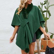 Load image into Gallery viewer, cape shawl, cape poncho, oversized fur cape, womens winter clothing, fur trim cape shawl, fur cape, sweater top, poncho sweater, cape coat women, oversized knit cape, poncho cardigan, stylish winter coats for women, fur cape, fur collar cardigan, fur collar sweater, poncho shawl, fashionable women&#39;s outerwear.