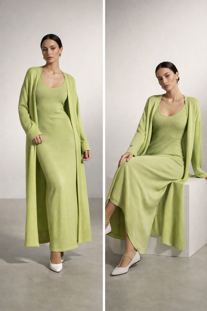 quiet luxury co-ord green, two piece knit maxi dress, outfit set women, sleeveless maxi dress, knit dress set, Knit maxi dress and long cardigan co-ord set in soft knit fabric with straight silhouette, quiet luxury outfit and outfit set women styling, knit maxi dress and cardigan set for business casual knit set, Instagram worthy knit co-ord.