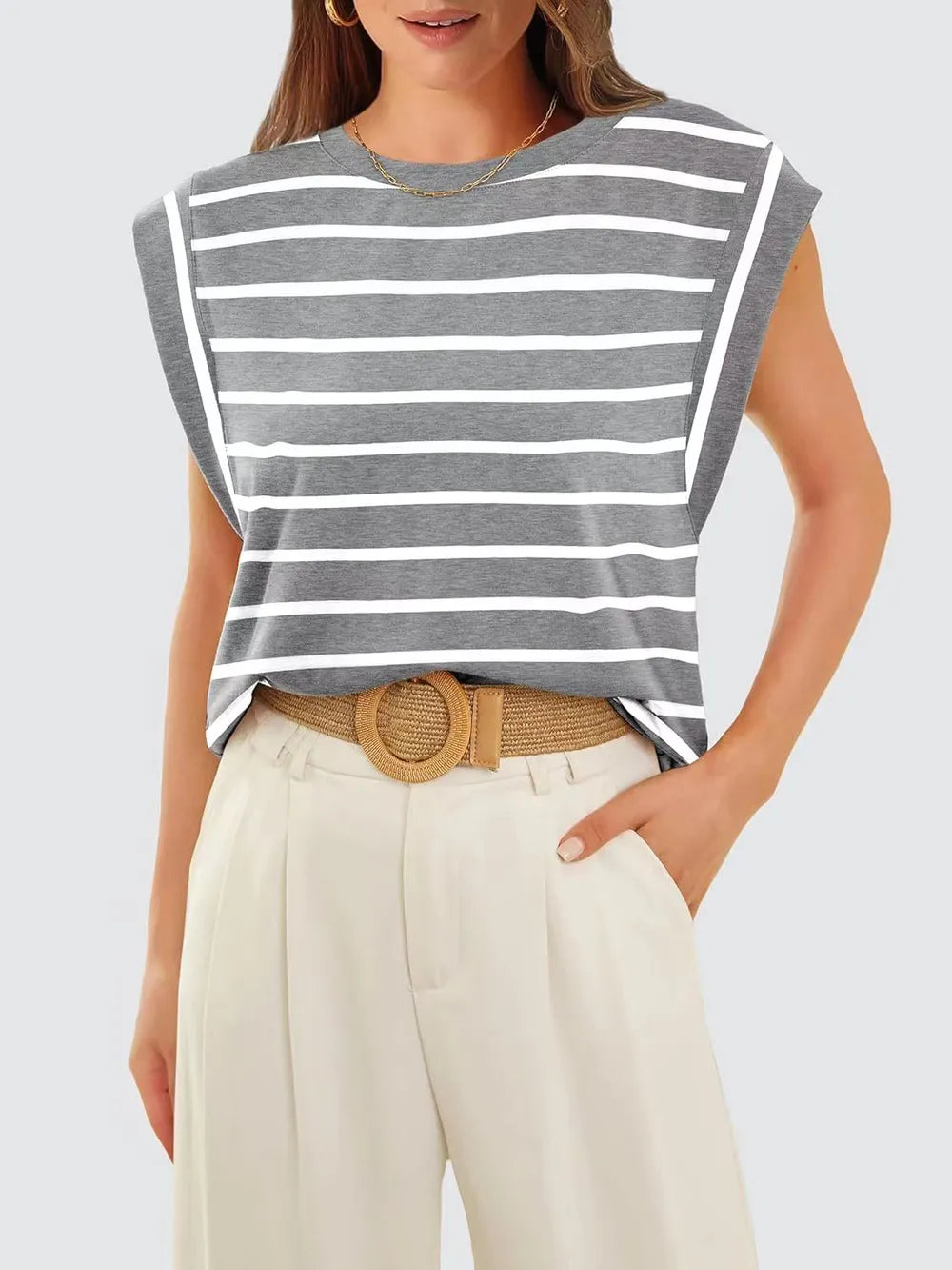relaxed fit striped shirt, casual workwear summer top, grey striped top aesthetic, grey and white striped sleeveless top in breathable stretch fabric with an easy relaxed fit, French girl aesthetic summer top for casual brunch outfits and coastal chic looks, effortless chic fashion women.