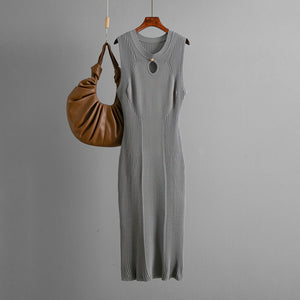 layering dress, slim fit bodycon dress, minimalist chic dress, Women’s sleeveless round neck knit dress slim midi dress for evening outfit, travel dress, minimalist wardrobe essential, in cream, black, brown, red and grey. 